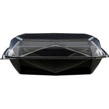 A Duni GmbH Octaview® L+ Black/Transparent APET 225x225x80 takeaway container with a clear lid is shown closed and empty against a white background. The package contains 100 pieces.