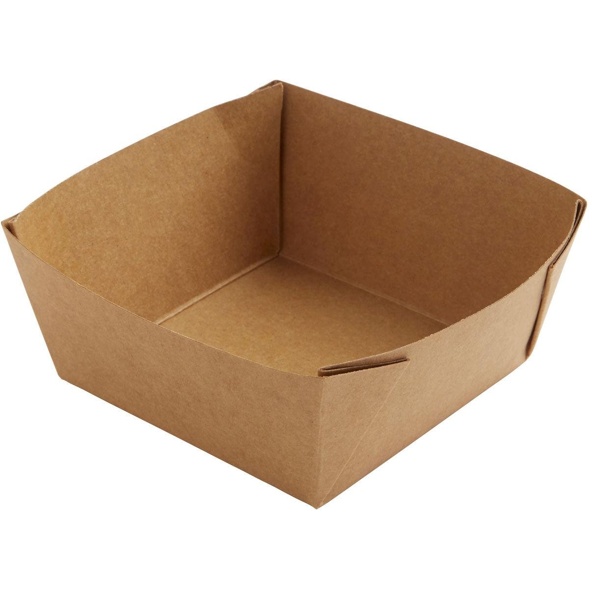 An eco-friendly Duni GmbH Viking Cube Low Box, Brown Cardboard/PE, 113x113x50 mm food tray (pack of 300 pieces), with folded corners, shown from above at an angle - ideal as a sustainable packaging solution.