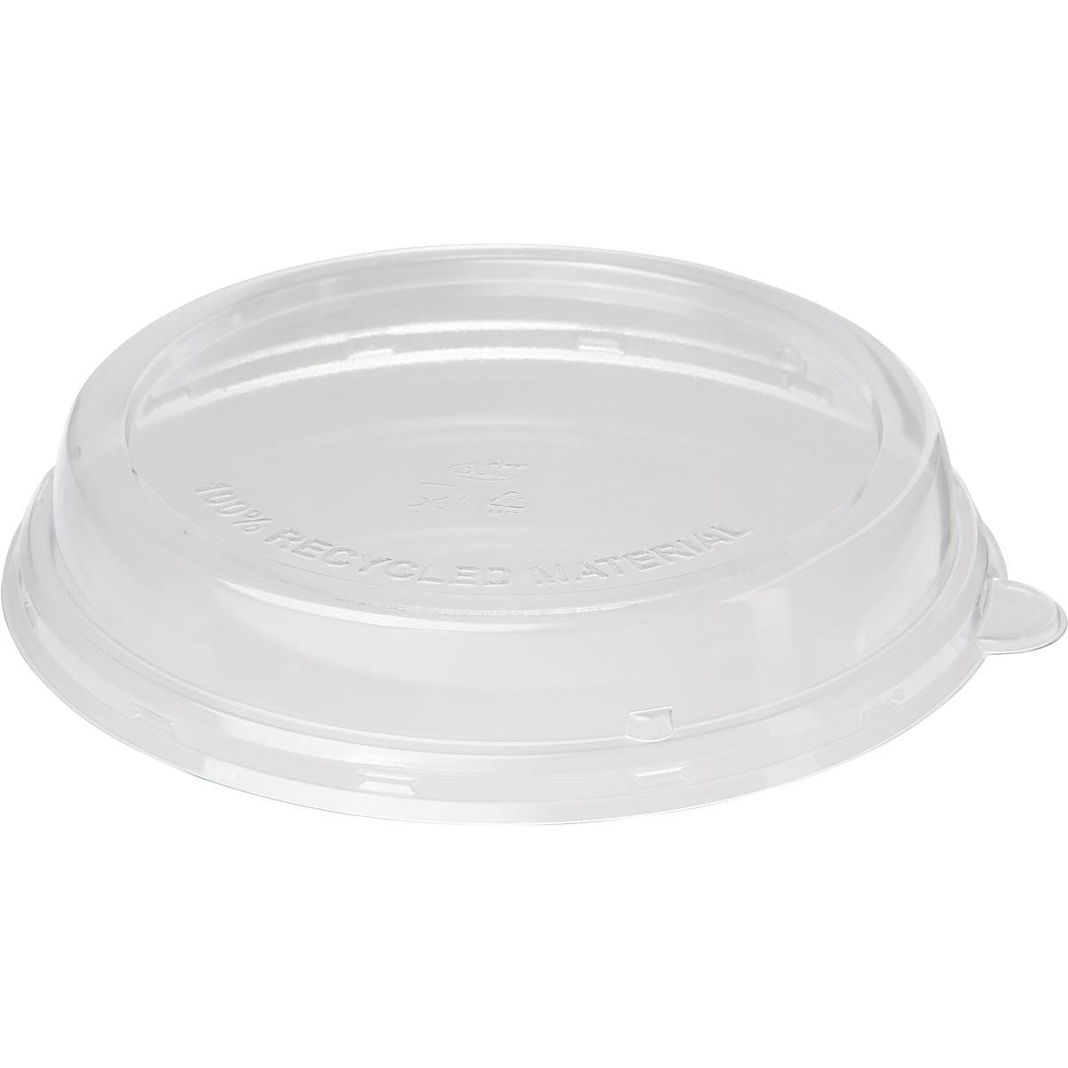 A transparent rPET lid high 800-1200 ml from Duni GmbH is pictured upside down on a white background. "100% RECYCLED MATERIAL" is printed on the lid, emphasizing the eco-friendly packaging.