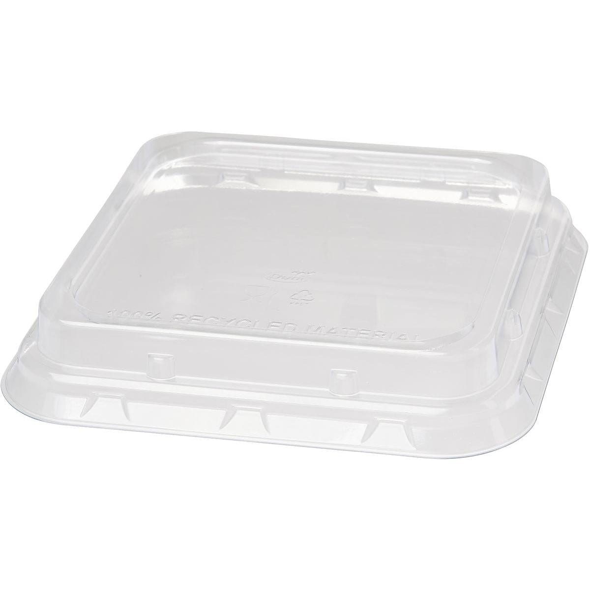 The Duni GmbH rPET Lid 900 ml Transparent (156x156x44 mm, pack of 40 pieces) is a clear, square lid with a raised edge and embossed recycling symbols that highlight the recycled material. Pictured against a white background.