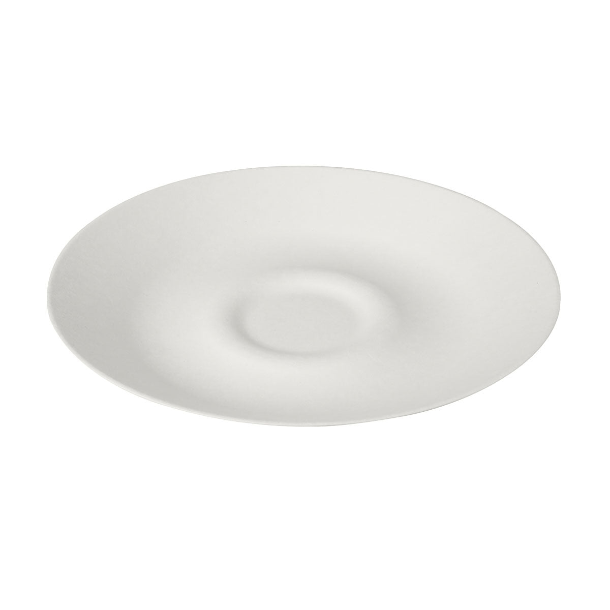 A white bagasse plate ø 27 cm from Duni GmbH, pack (25 pieces), made from environmentally friendly, biodegradable bagasse, with a round indentation in the middle, photographed on a white background.