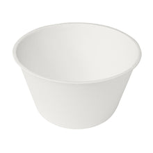 A round, white bagasse bowl 47 cl from Duni GmbH is depicted slightly tilted from above on a white background. The biodegradable cup is delivered in a pack of 35 pieces.