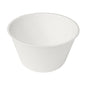 A round, white bagasse bowl 47 cl from Duni GmbH is depicted slightly tilted from above on a white background. The biodegradable cup is delivered in a pack of 35 pieces.