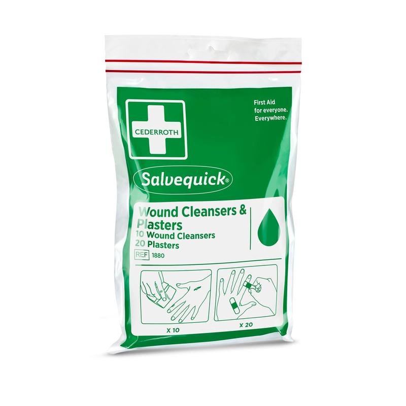 The package from Orkla Wound Care AB contains 10 Salvequick wound cleaners and 20 bandages in a resealable plastic bag - ideal for on the go. Instructions for use on hands and fingers are illustrated.