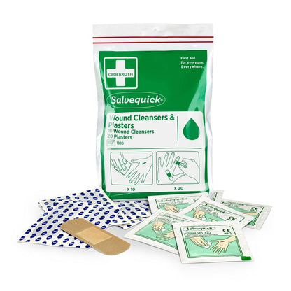 A Salvequick wound cleaner (10 pieces) and bandages (20 pieces) from Orkla Wound Care AB in a plastic bag with zipper - ideal for quick help on the go - is presented at the front with illustrative instructions.