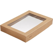 The Viking Brick Lid with PLA Window from Duni GmbH is a simple, rectangular brown cardboard box (200x140x30 mm) with a transparent PLA window and a small "ecocraft" label in one corner; pack of 300 pieces, biodegradable.