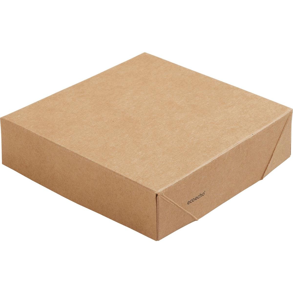 A simple, brown, rectangular Viking Cube lid box from Duni GmbH (113x113x29 mm, 300 pieces) with a simple folding pattern and small "ecoecho" logo stands on a white background.