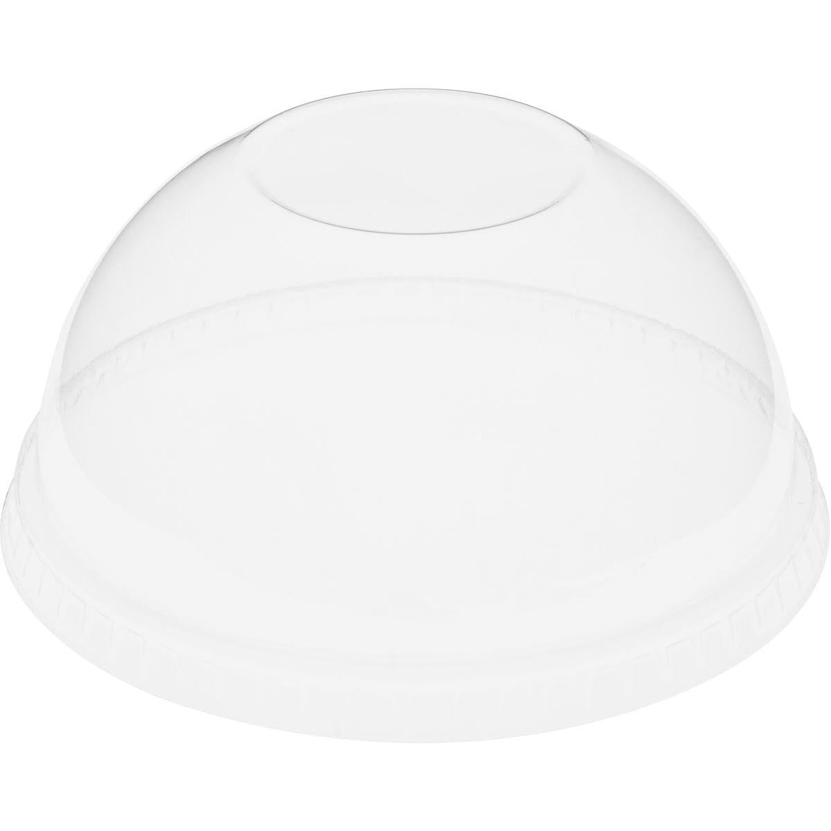 The Duni GmbH dome lid without an opening for 188004-6 is a clear, dome-shaped rPET lid that is ideal for covering beverage or dessert cups and is perfect for food packaging; the package contains 50 transparent lids.