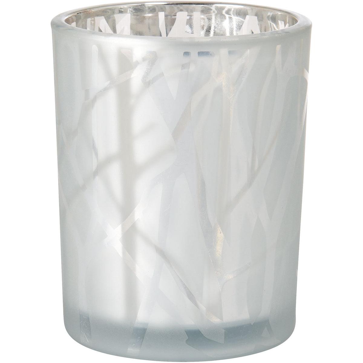 The candle holder 100x80 mm in Shimmer White by Duni GmbH impresses with its elegant design featuring a frosted look and silver interior - an exquisite home accessory that enhances any room; available in a pack of 1 piece.