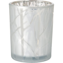The candle holder 100x80 mm in Shimmer White by Duni GmbH impresses with its elegant design featuring a frosted look and silver interior - an exquisite home accessory that enhances any room; available in a pack of 1 piece.