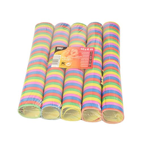 Ten flame-retardant PAPSTAR streamers "Stripes" (each 4 m) from PAPSTAR GmbH come in a clear pack with a front label. The streamers feature several bright colors, perfect for party decoration.