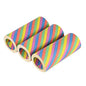 Three empty PAPSTAR 3 giant streamers 15m flame retardant from PAPSTAR GmbH, depicted side by side with bright yellow, blue, pink, green, and orange stripes - perfect for colorful decorations on a white background.
