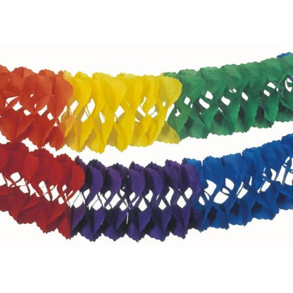 Pictured are two PAPSTAR large room garland streamers (paper, flame retardant, Ø 25 cm, 10 m) from PAPSTAR GmbH with red, yellow, green, blue, and violet grid pattern – bright decoration on a white background.