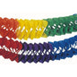 Pictured are two PAPSTAR large room garland streamers (paper, flame retardant, Ø 25 cm, 10 m) from PAPSTAR GmbH with red, yellow, green, blue, and violet grid pattern – bright decoration on a white background.