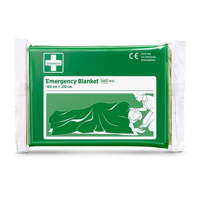 The Cederroth emergency blanket | Pack (1 piece) from Orkla Wound Care AB has green-white lettering with an illustration and the dimensions 160 x 210 cm - perfect for your first aid kit.
