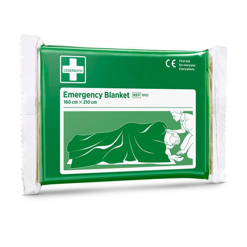 A green package labeled "Cederroth emergency blanket | Pack (1 piece)" from Orkla Wound Care AB, featuring an emergency blanket (160 x 210 cm) with a single-person illustration - perfect for any first aid kit.
