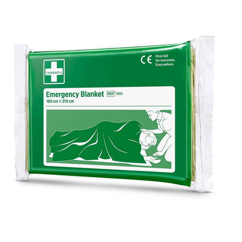 A green-white packaged Cederroth emergency blanket (1 piece) from Orkla Wound Care AB, 160 x 210 cm, with an illustration of a person covering another - a must-have for any first aid kit.