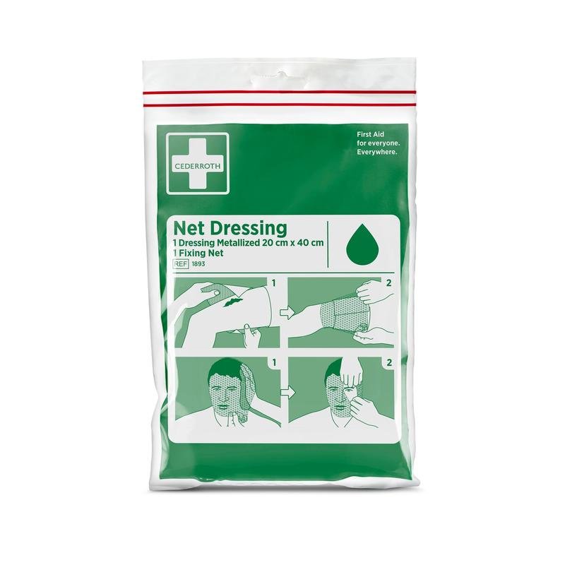 A green-white "Cederroth Netzverband | Pack (1 piece)" from Orkla Wound Care AB (20 x 40 cm) shows illustrated wound care instructions for an arm and hand, with the slogan "First aid for everyone. Everywhere."