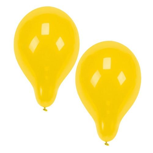 Two PAPSTAR 100 balloons Ø 25 cm from PAPSTAR GmbH in bright yellow, tied together at the bottom, stand next to each other on a simple white background – ideal for your next party planning.