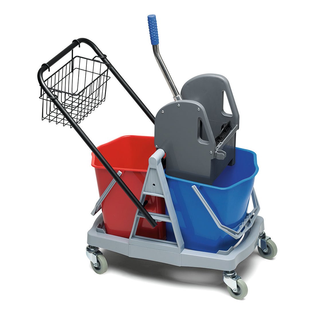 The Nölle Profi Brush Cleaning Cart Double from Nölle Profi Brush Brush & Paintbrush Technology e.K. features two red and blue buckets with a capacity of 15 liters each, a metal wringing handle, a wheeled chassis, and a black wire basket for efficient cleaning.