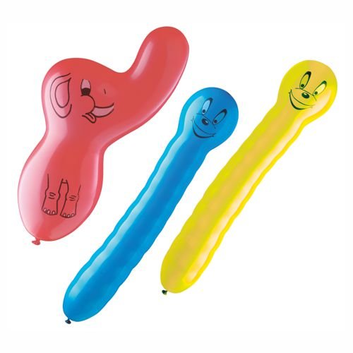 The PAPSTAR balloons, color-sorted (3 pieces, various shapes) by PAPSTAR GmbH, feature colorful cartoon faces - including a red elephant head with legs - and are ideal as party decorations for special occasions.
