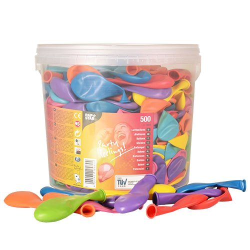 The PAPSTAR GmbH balloons Ø 19 cm, color assorted, come in a can with 500 pieces and colorful labeling - ideal for party decoration. Some loose balloons in front of the can emphasize the festive atmosphere.