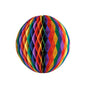 The PAPSTAR flame-retardant honeycomb ball from PAPSTAR GmbH is a colorful decoration element with a honeycomb-like pattern in rainbow colors - red, orange, yellow, green, blue, and purple - isolated on a white background.