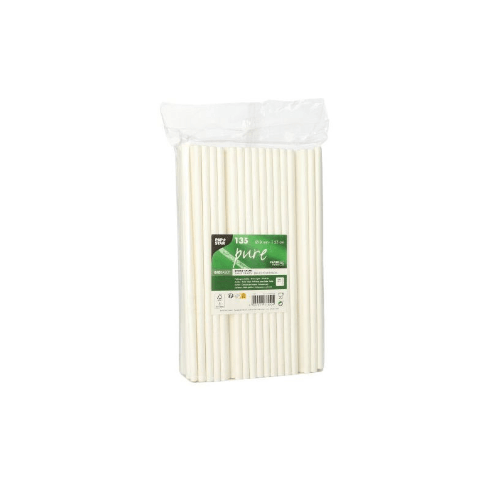 In a transparent plastic package, there is a set of white disposable drinking straws labeled "PAPSTAR shake straws paper Ø 8 mm 25 cm | 135 pieces." The green label with white text highlights the product details. Against a plain white background, these straws offer an eco-friendly alternative to conventional options.