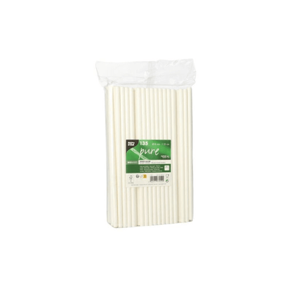 In a transparent plastic package, there is a set of white disposable drinking straws labeled "PAPSTAR shake straws paper Ø 8 mm 25 cm | 135 pieces." The green label with white text highlights the product details. Against a plain white background, these straws offer an eco-friendly alternative to conventional options.