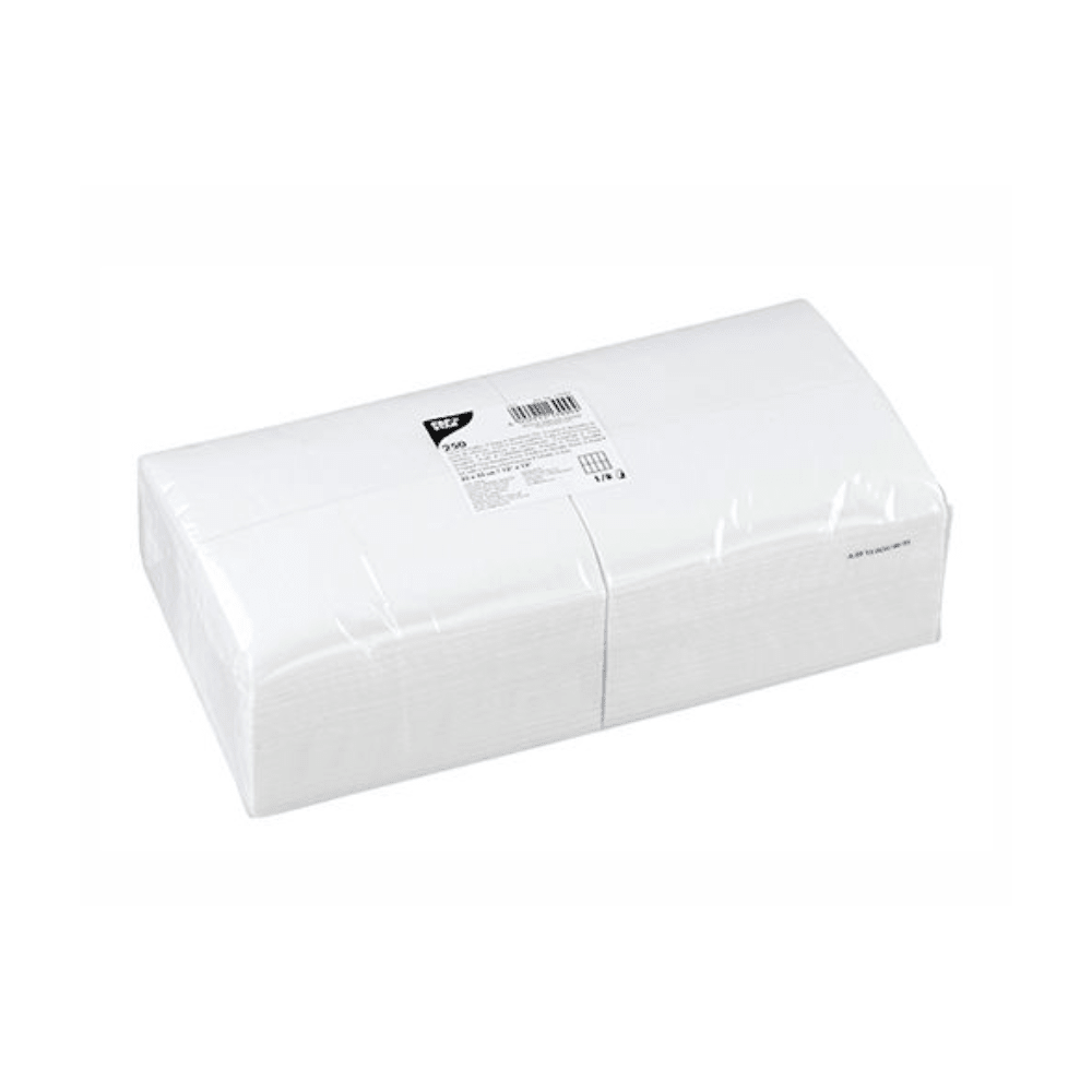 Pictured is a package of PAPSTAR napkins 2-ply, 33x33 cm, white, head-fold (250 pieces) from PAPSTAR GmbH in plastic wrap against a white background, with a product label featuring a barcode and FSC certification details.