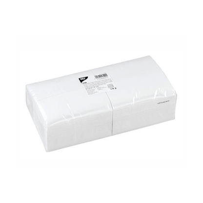 Pictured is a package of PAPSTAR napkins 2-ply, 33x33 cm, white, head-fold (250 pieces) from PAPSTAR GmbH in plastic wrap against a white background, with a product label featuring a barcode and FSC certification details.