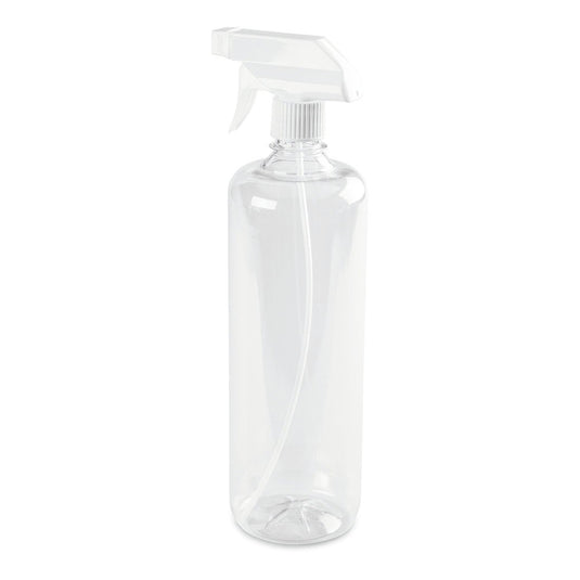 A Nölle Profi Brush spray bottle, color-transparent, 960 ml made of plastic from Nölle Profi Brush Brush & Paintbrush Technology e.K., with a white spray head, stands upright against a white background.