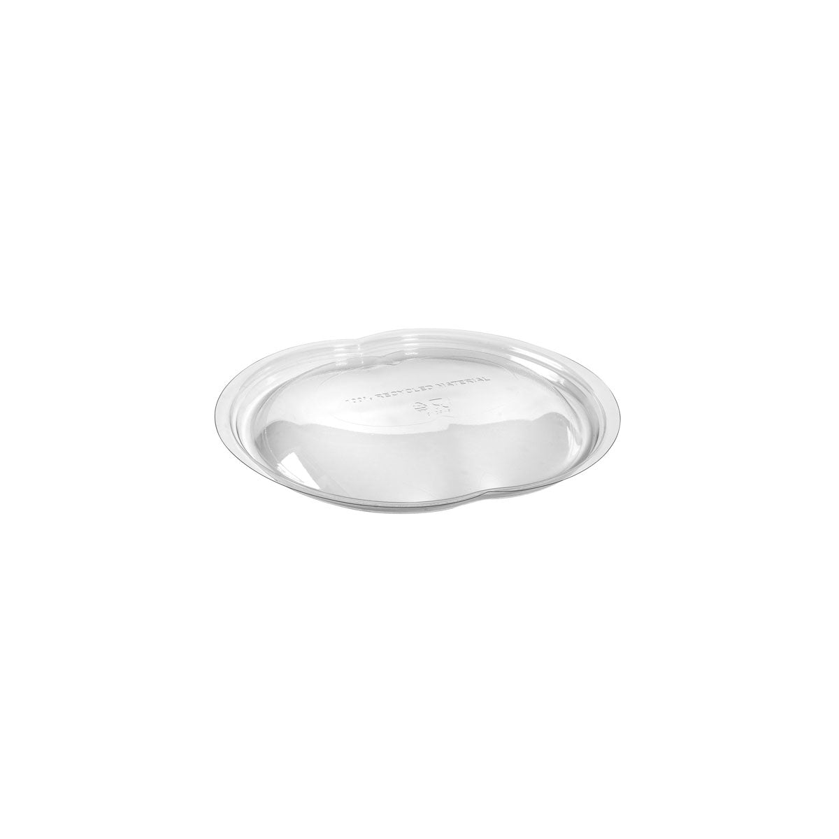 The Duni GmbH rPET Lid Atlantis 500/900 ml (164x150x17 mm) is a transparent, eco-friendly lid, depicted on a white background. Its raised edge makes it ideal for food packaging. Pack of 50 pieces.