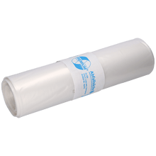 A roll of EMIL DEISS KG (GmbH + Co.) DEISS 19005 transparent garbage bags (700x1100x0.07 mm, 25 pieces) with white and blue label, depicted on a solid white background.