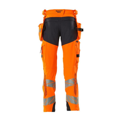 Pants with hanging pockets, ULTIMATE STRETCH pants, hi-vis orange/black-blue