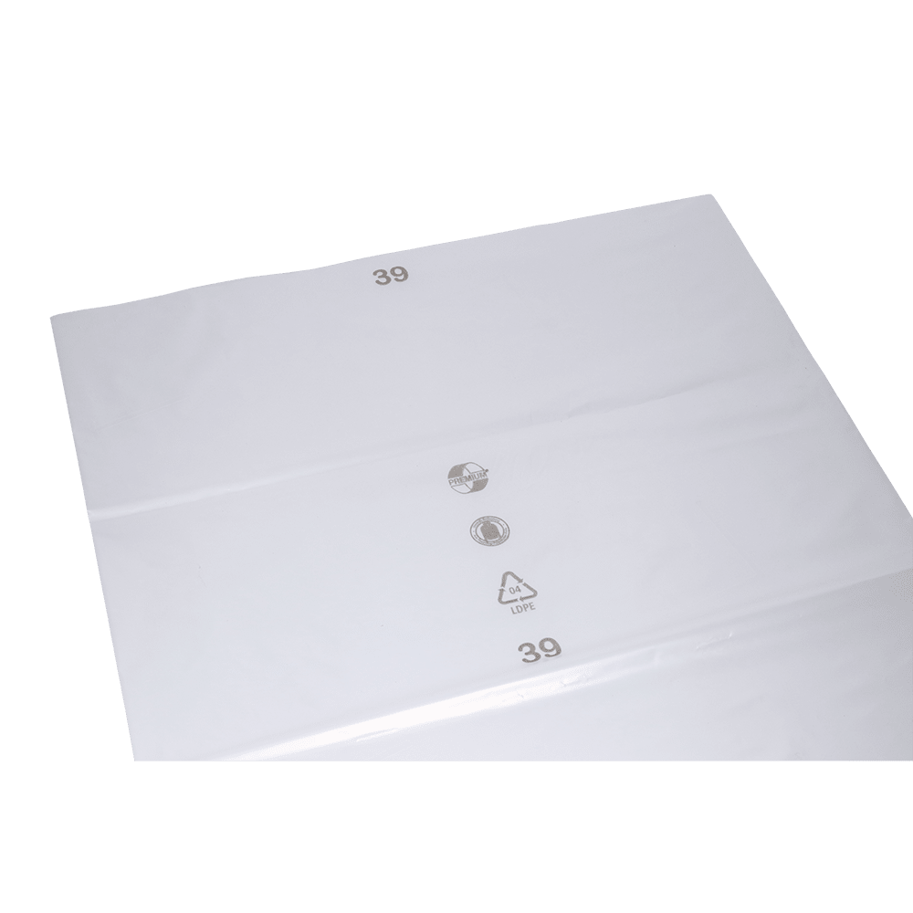 A transparent EMIL DEISS KG sheet (model DEISS 19101, 700x1100x0.1 mm) lies flat on a white background and is printed with gray recycling symbols and the number 39.