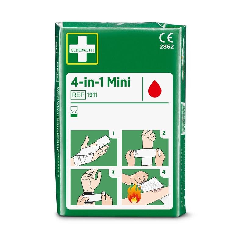 A green package with the inscription "Cederroth 4-in-1 mini blood stopper" by Orkla Wound Care AB, containing symbols with four illustrated steps for bandaging hand or arm wounds, including burns. One piece per package.