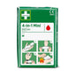 A green package with the inscription "Cederroth 4-in-1 mini blood stopper" by Orkla Wound Care AB, containing symbols with four illustrated steps for bandaging hand or arm wounds, including burns. One piece per package.