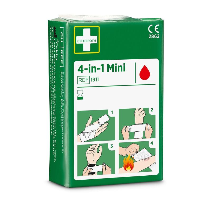 A green box with the inscription "Cederroth 4-in-1 mini blood stopper" by Orkla Wound Care AB, with a red drop symbol and an illustrated four-step guide for applying the bandage on hands or arms, including the treatment of burns.