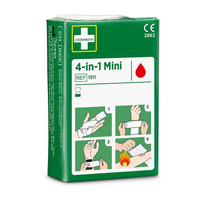 A green box with the inscription "Cederroth 4-in-1 mini blood stopper" by Orkla Wound Care AB, with a red drop symbol and an illustrated four-step guide for applying the bandage on hands or arms, including the treatment of burns.