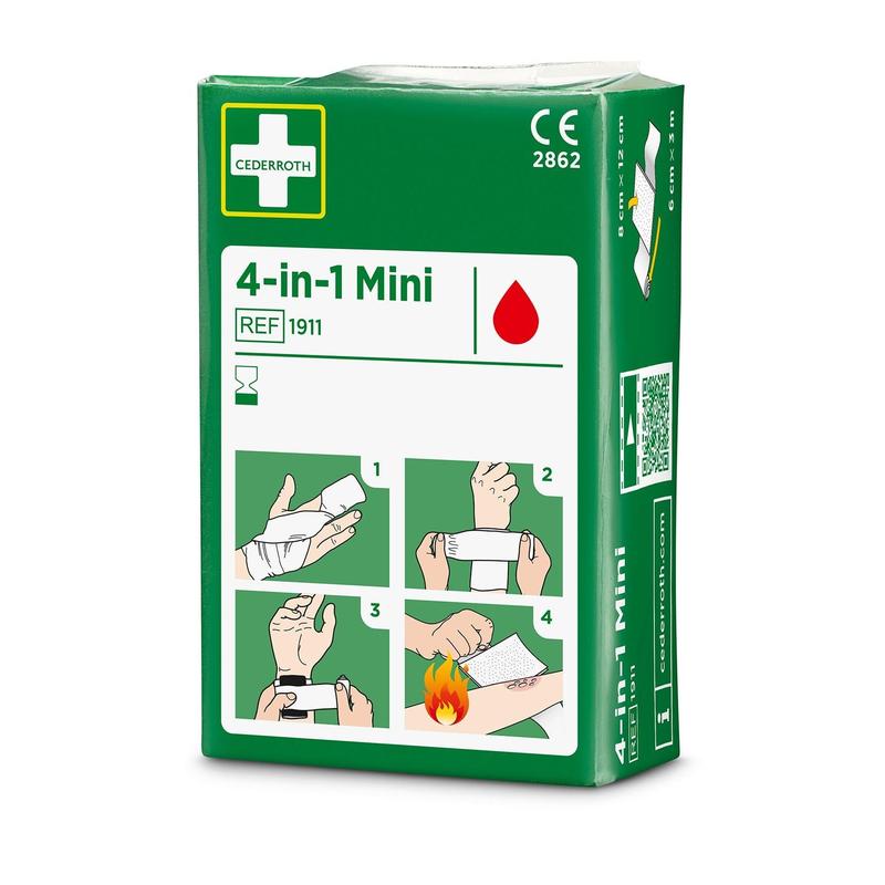 A green-white package with the inscription "Cederroth 4-in-1 mini blood stopper" (Orkla Wound Care AB, 1 piece) bears the CE marking and an illustrated guide for wound care, bandaging, and protection against burns.