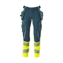 Pants with hanging pockets, ULTIMATE STRETCH pants, dark petroleum/hi-vis yellow
