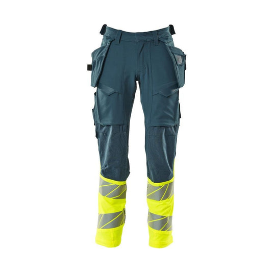 Pants with hanging pockets, ULTIMATE STRETCH pants, dark petroleum/hi-vis yellow