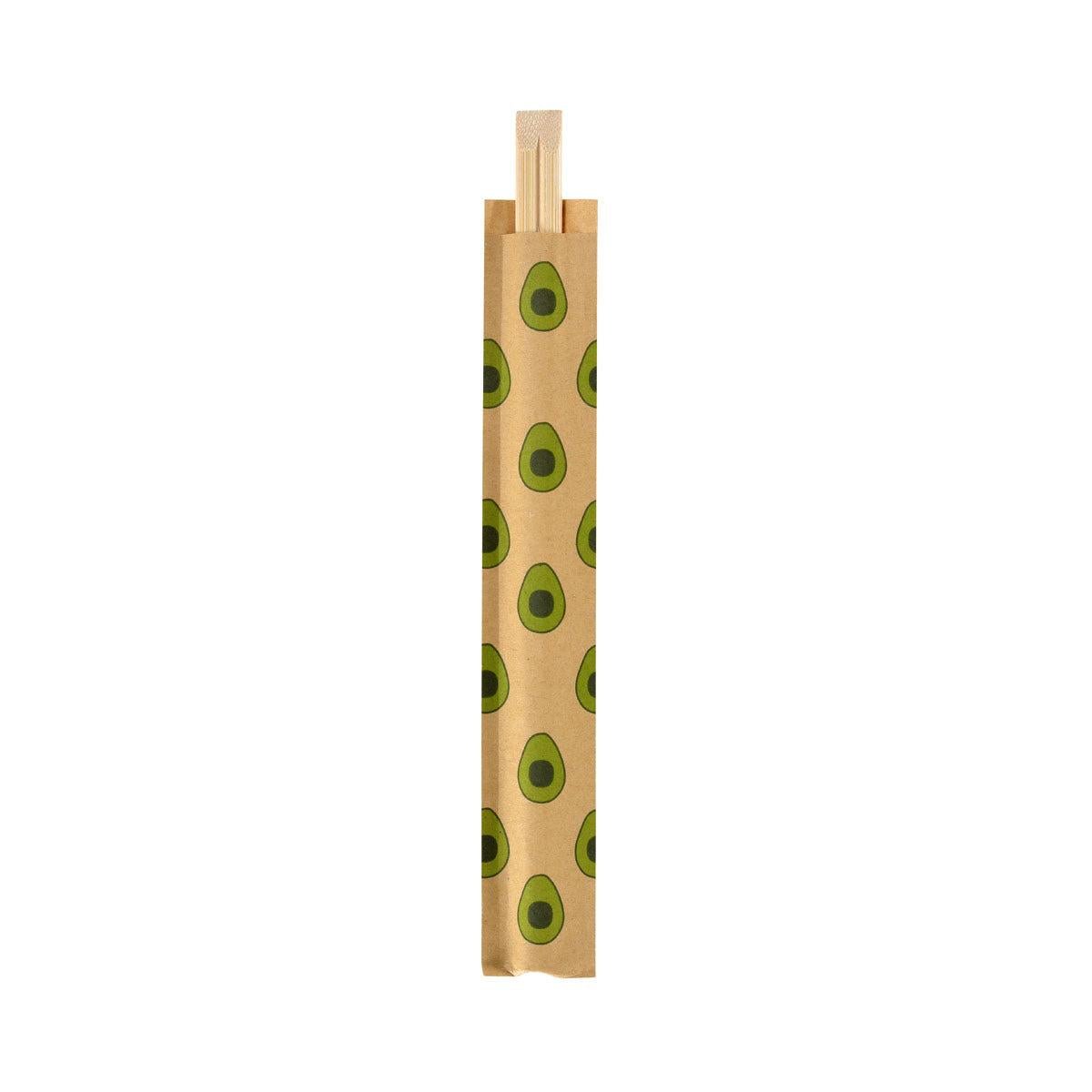 A pair of chopsticks, 210 mm, Avocado by Duni GmbH made of bamboo, partially in a brown paper sleeve with avocado pattern, depicted on a white background. The package contains 100 pieces.