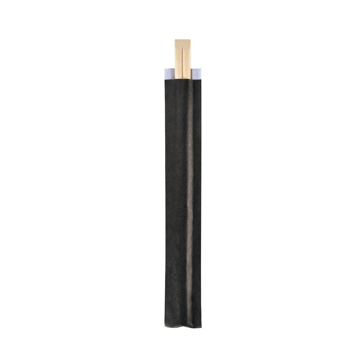 A pair of Duni GmbH chopsticks, 210 mm bamboo in natural/black, partially covered by a black paper sleeve with exposed tips, depicted on a white background. Package: 100 pieces.