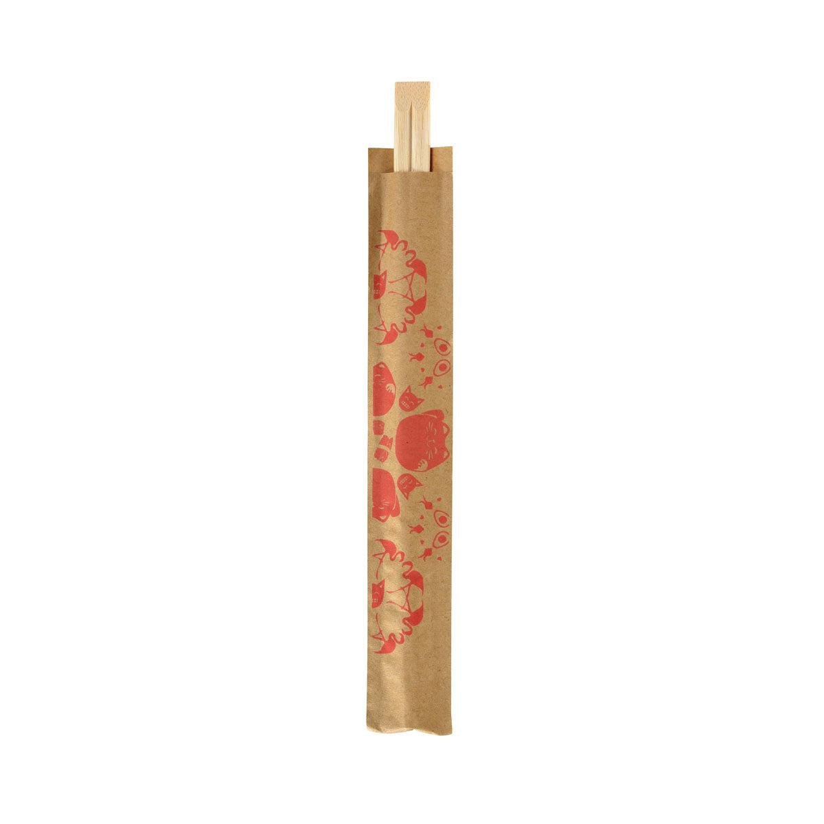 A pair of chopsticks, 210 mm, Emoji Sakura Bamboo by Duni GmbH, partly in a brown paper bag with red animal and object illustrations, presented on a white background. The package contains 100 pieces.