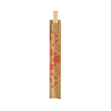 A pair of chopsticks, 210 mm, Emoji Sakura Bamboo by Duni GmbH, partly in a brown paper bag with red animal and object illustrations, presented on a white background. The package contains 100 pieces.