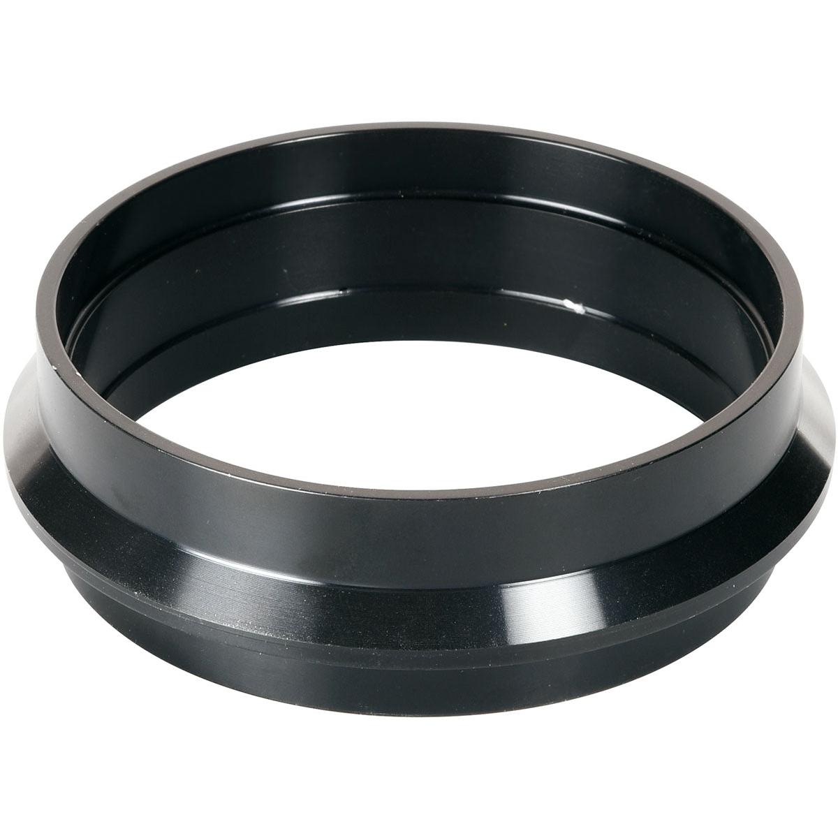 A black, round metal ring with flange from Duni GmbH, package (1 piece), cassette DF5 ø 92 mm Black. Its smooth, reflective surface shows highlights - ideal for ø92 audio recordings. Photographed at an angle on white.