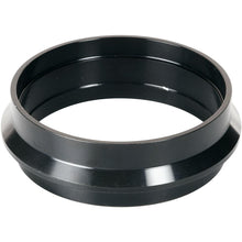 A black, round metal ring with flange from Duni GmbH, package (1 piece), cassette DF5 ø 92 mm Black. Its smooth, reflective surface shows highlights - ideal for ø92 audio recordings. Photographed at an angle on white.