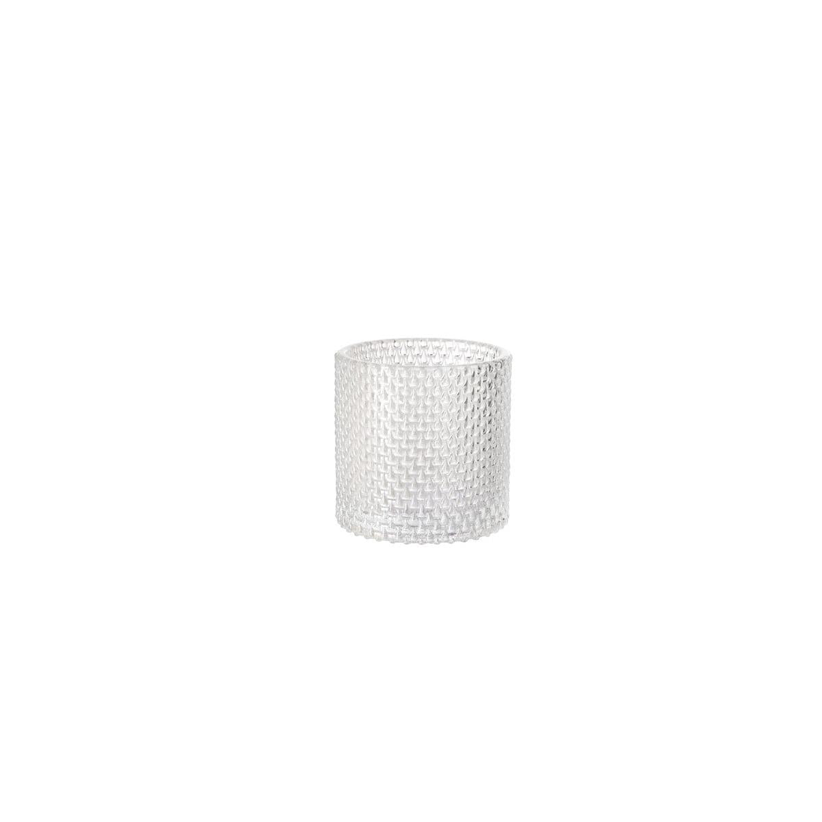 The Duni GmbH candle holder Calm 80 x 80 mm is a clear, cylindrical candle holder with a textured mesh pattern, depicted centrally on a plain white background.